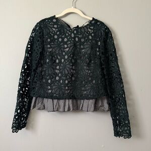 Anthropologie Maeve Green Pleated Lace Top Gabriella Gingham